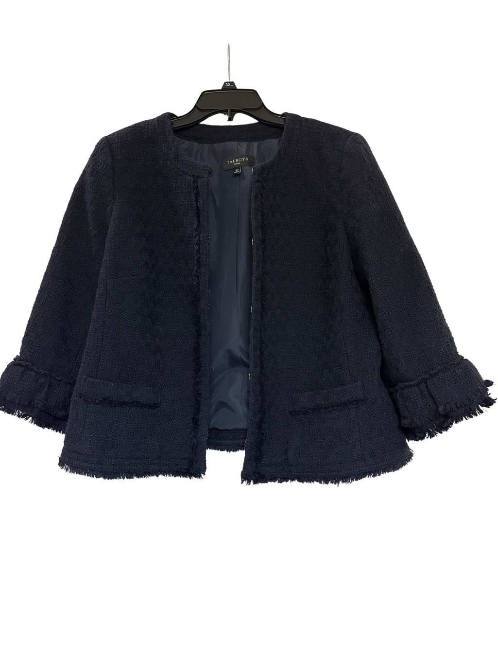 Talbots Petites Navy Tweed Fringe Trim Cropped Jacket Size 16p